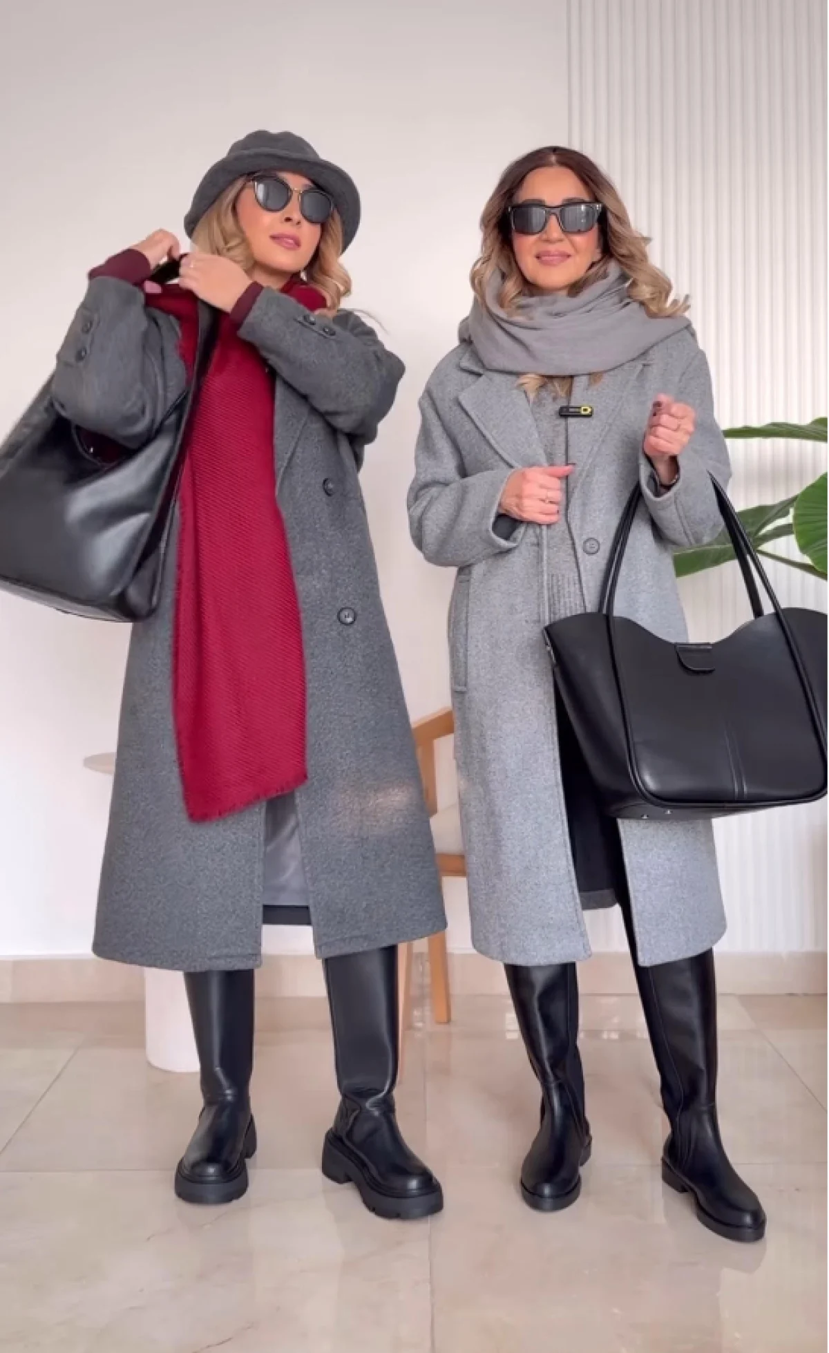 تیپ دخترانه شیک با بوت بلند و پالتو بلند